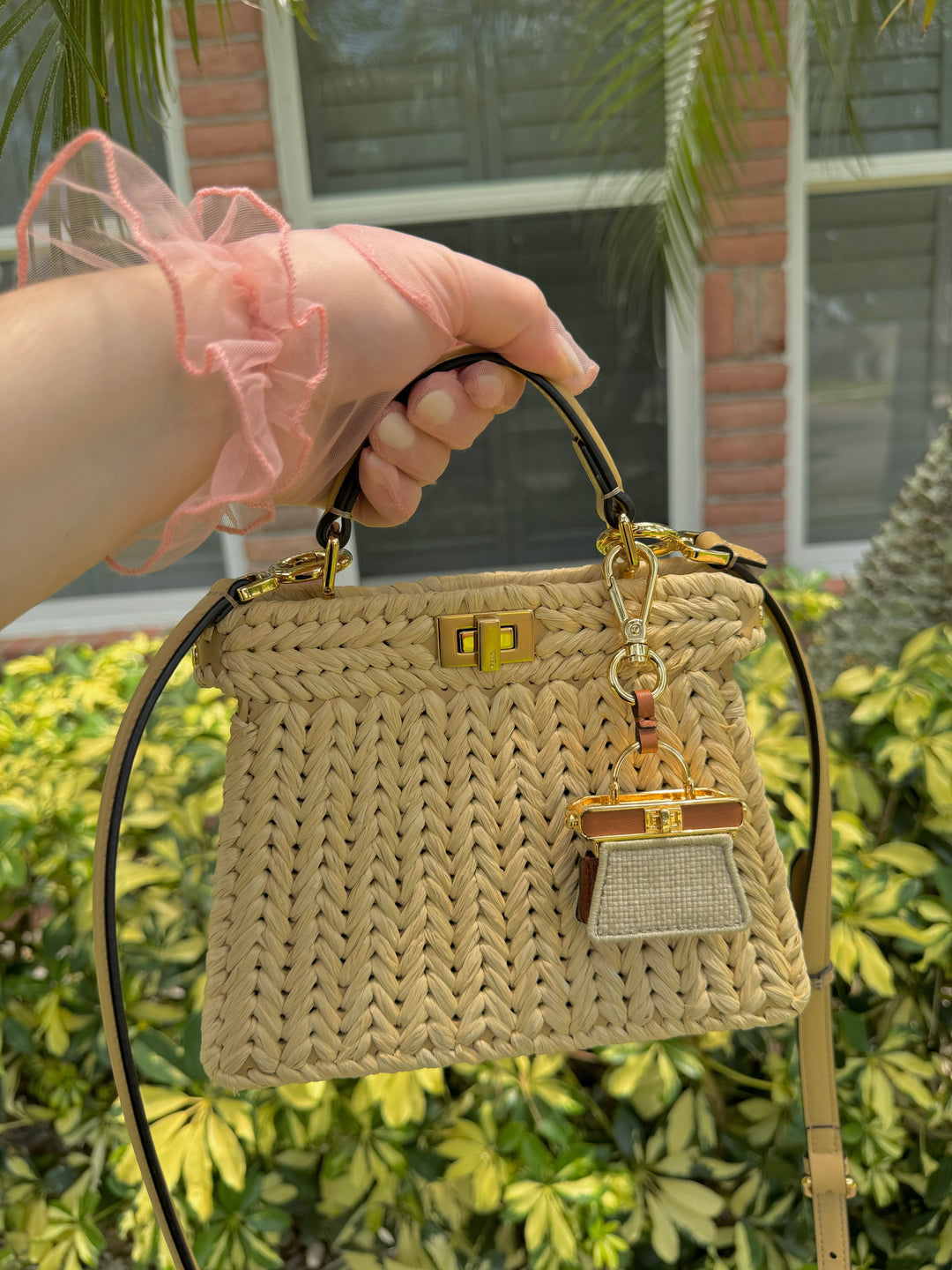 Fendi Peekaboo ISeeU Petite Sand Raffia Bag + Fendi Charm