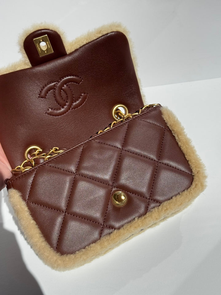 Chanel 25K Brown Mini Shearling Flap Bag