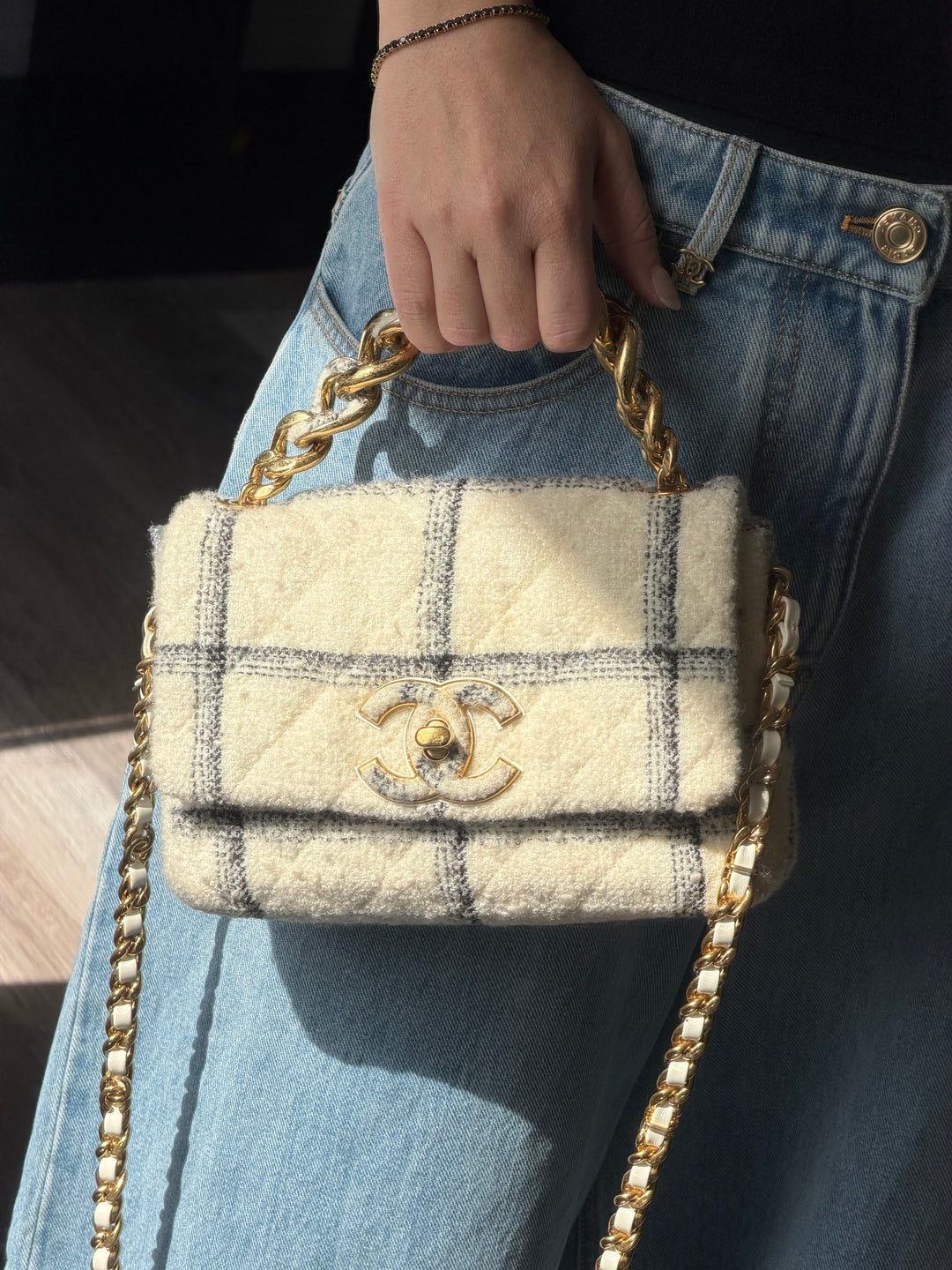 Chanel Small Elegant Chain Flap Wool Tweed White Black Gold Hardware 2022