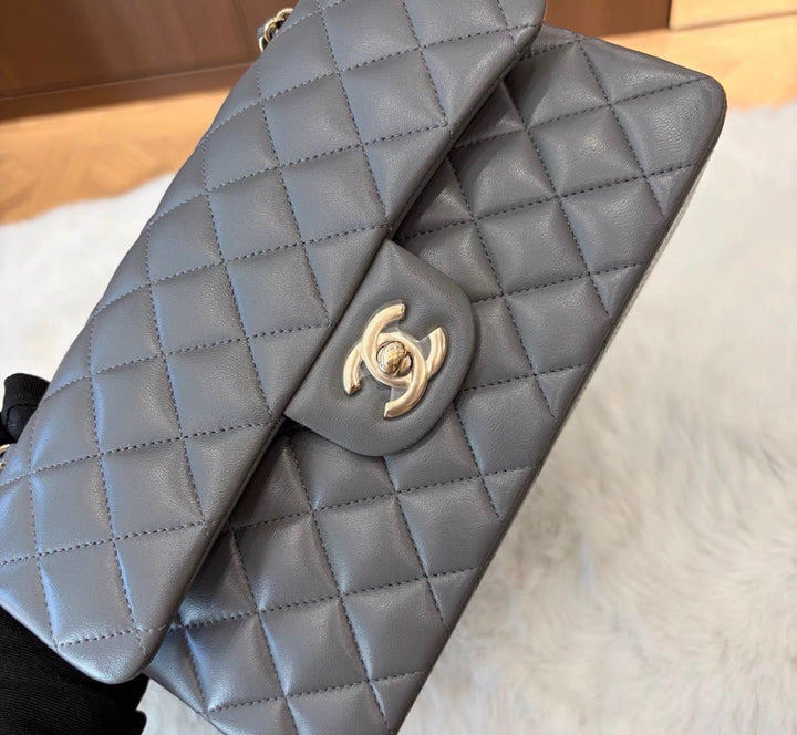 Chanel Small Classic Double Flap Lambskin Grey Gold Hardware 2022