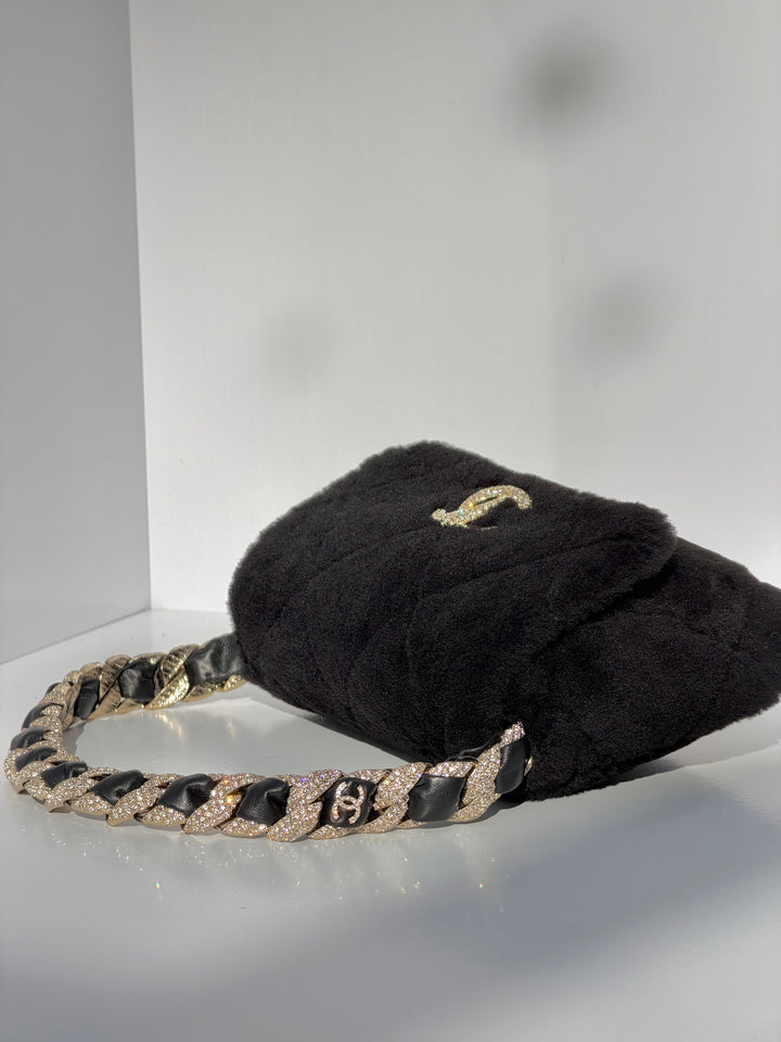 Chanel 2020 Shearling & Strass Black Flap Bag