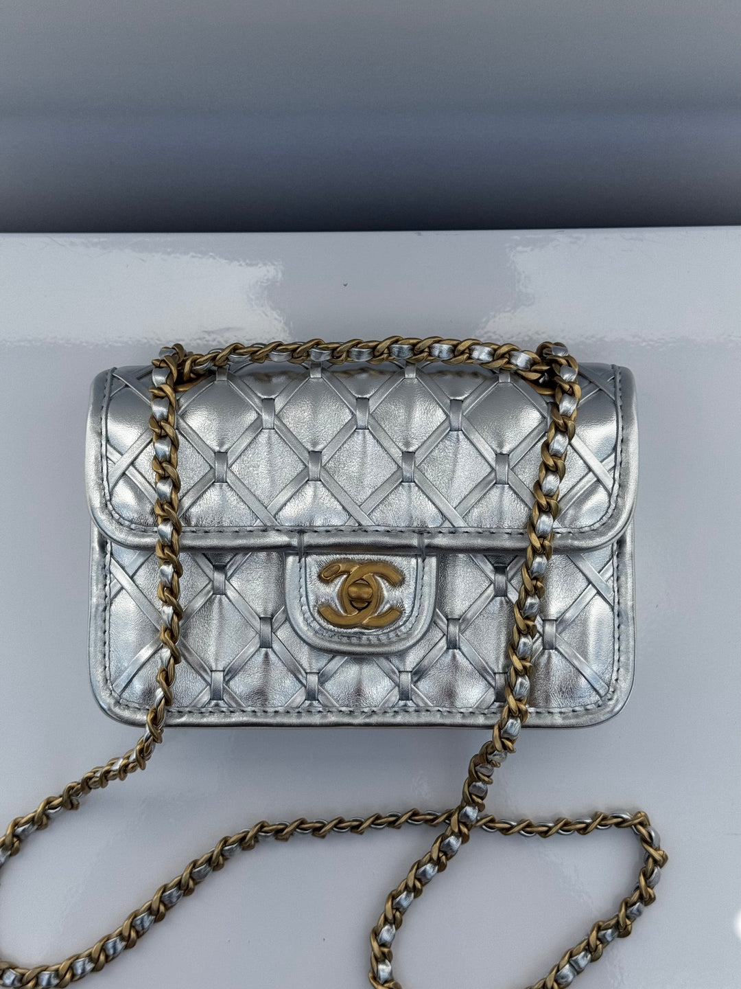 Chanel Silver Metallic Mini Braided Calfskin Flap Bag