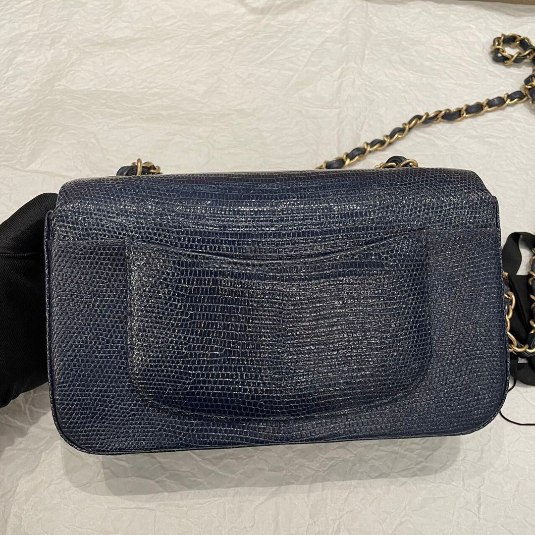 Chanel Navy Blue Lizard Mini Flap Brushed Gold Hardware 2018