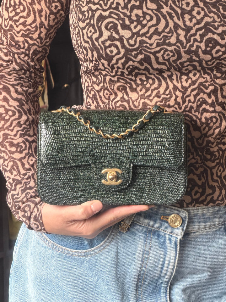 Chanel Mini Flap Green Lizard Brushed Gold Hardware 2018