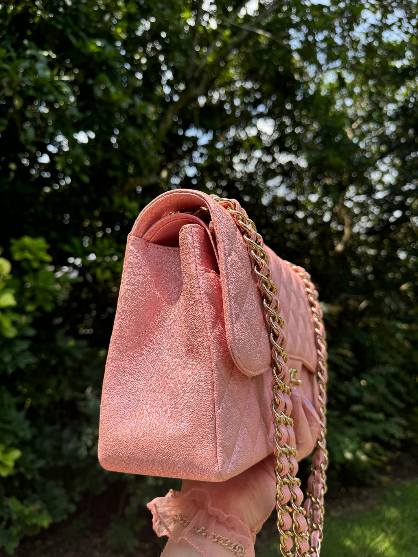 Chanel 19S Pink Iridescent Jumbo Caviar Double Flap Bag