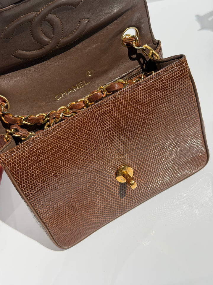 Chanel Brown Vintage Lizard Mini Square Flap Bag 24K Plated Gold Hardware 1986