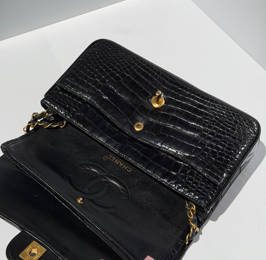Chanel Medium Classic Flap Bag Alligator Black 24K Plated Gold Hardware 1997