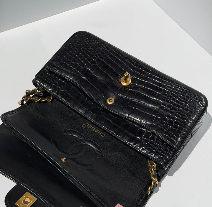 Chanel Medium Classic Flap Bag Alligator Black 24K Plated Gold Hardware 1997