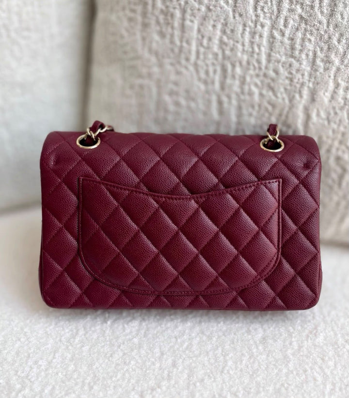 Chanel Small Classic Double Flap Caviar Burgundy Light Gold Hardware 2023