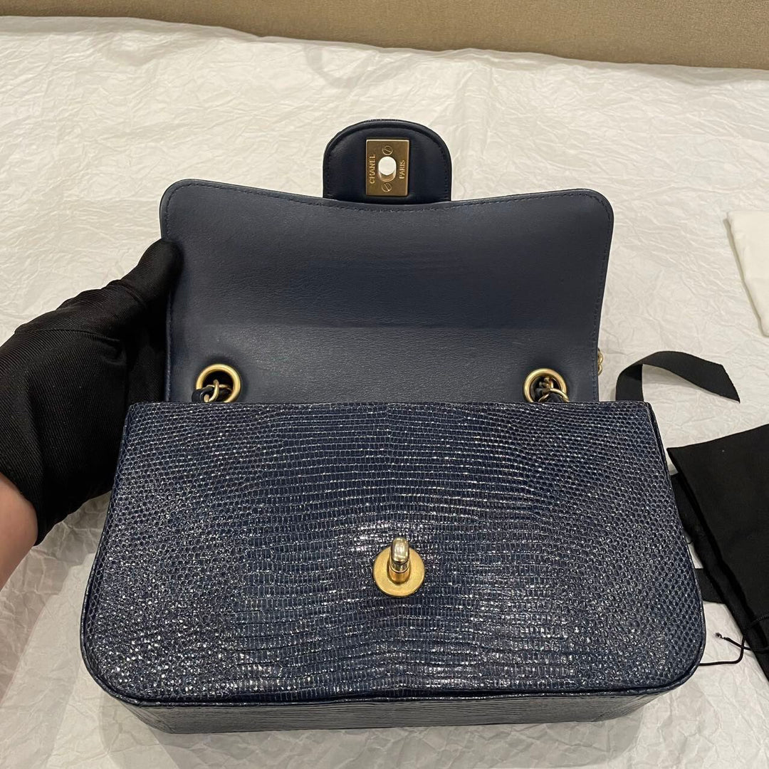 Chanel Navy Blue Lizard Mini Flap Brushed Gold Hardware 2018