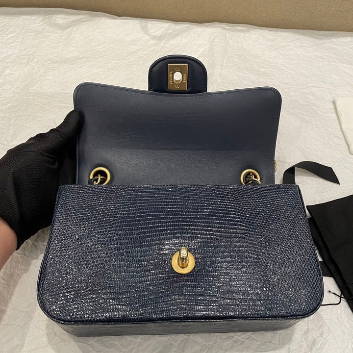 Chanel Navy Blue Lizard Mini Flap Brushed Gold Hardware 2018