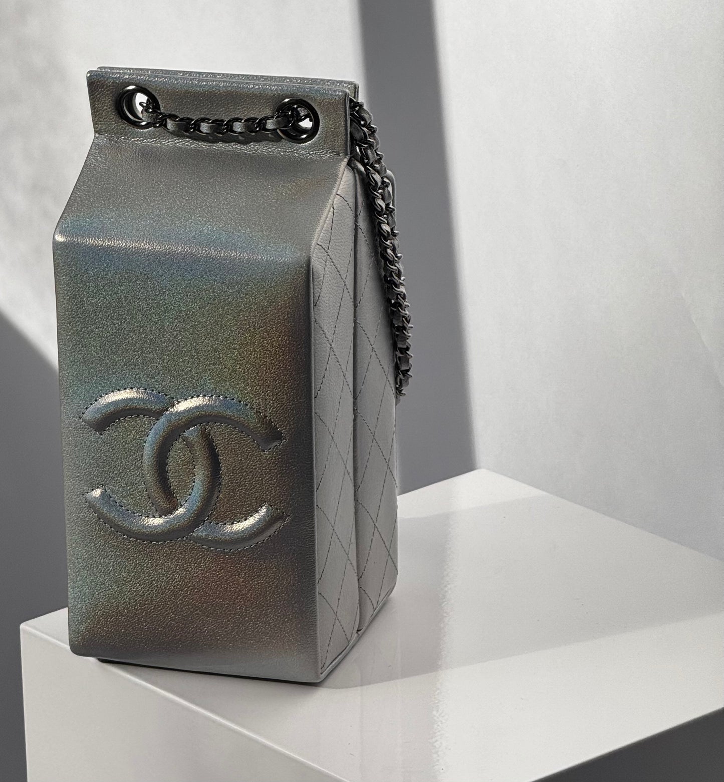 Chanel Runway Iridescent Silver Lambskin Lait De Coco Milk Carton Bag