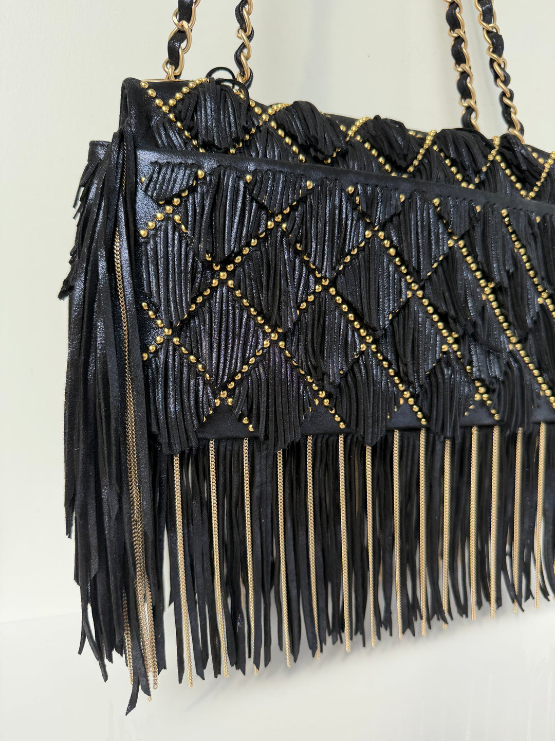 Chanel Paris-Dallas Medium Fringe Flap Bag Black Iridescent Leather Brushed Gold Tone Hardware 2014