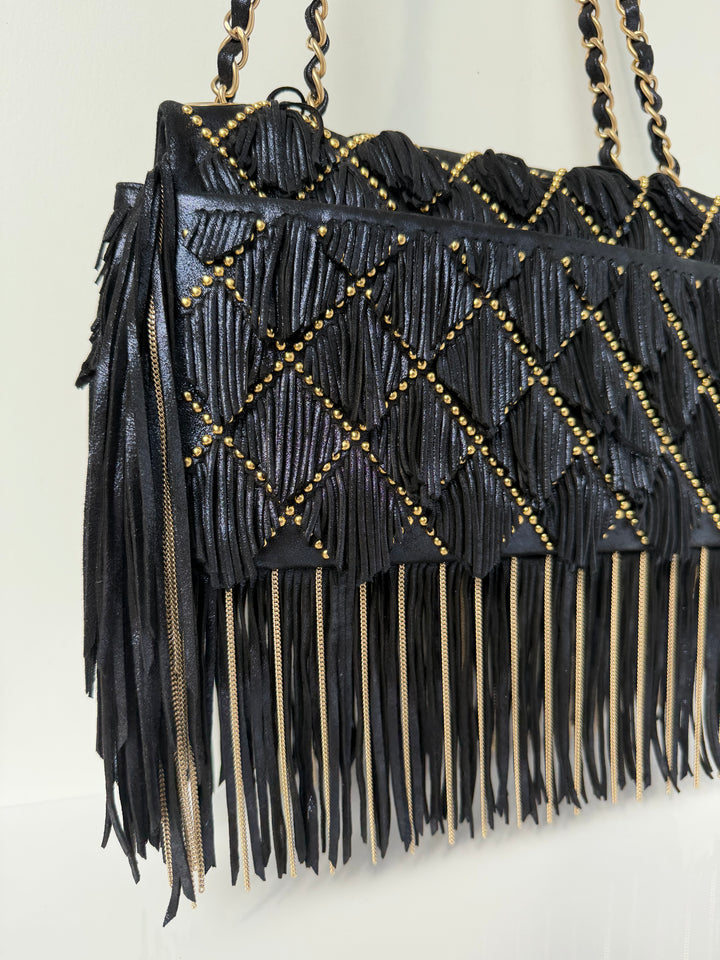 Chanel Paris-Dallas Medium Fringe Flap Bag Black Iridescent Leather Brushed Gold Tone Hardware 2014