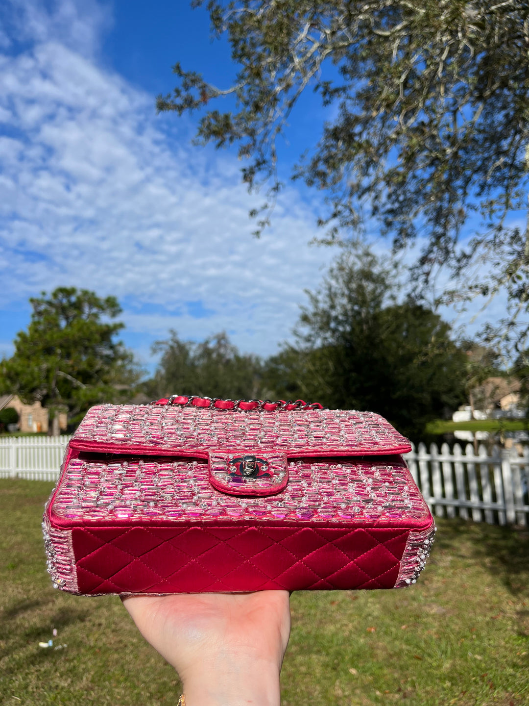 Chanel Pink Beaded Satin Medium Double Flap Bag