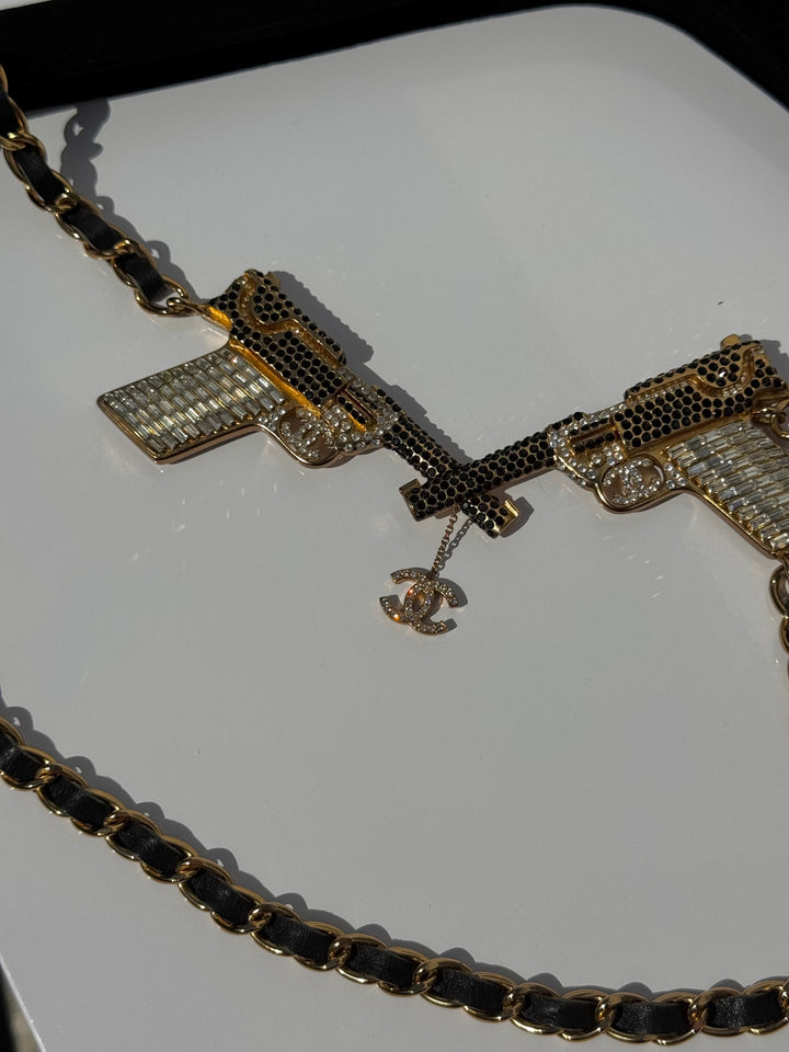 Chanel Runway Pistols Belt Necklace Black Leather Crystal Gold Hardware 2001