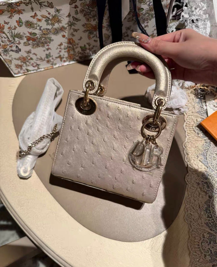 Lady Dior Champagne Ostrich Mini Top Handle