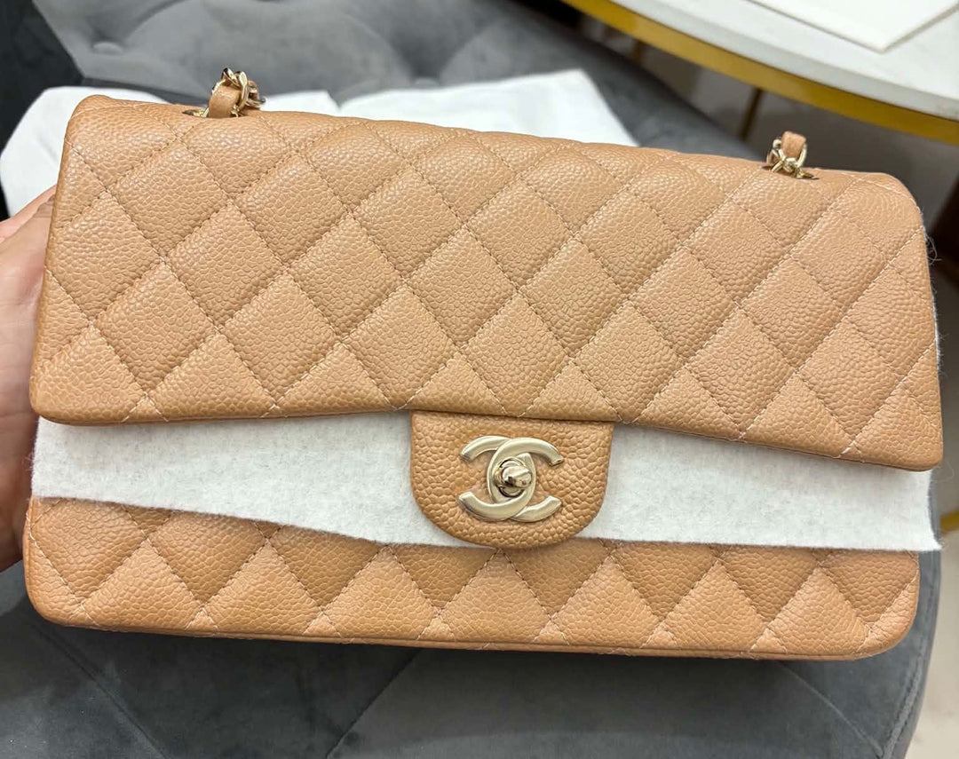 Chanel Medium Classic Flap Bag Dark Beige Caviar Gold Tone Hardware 2018