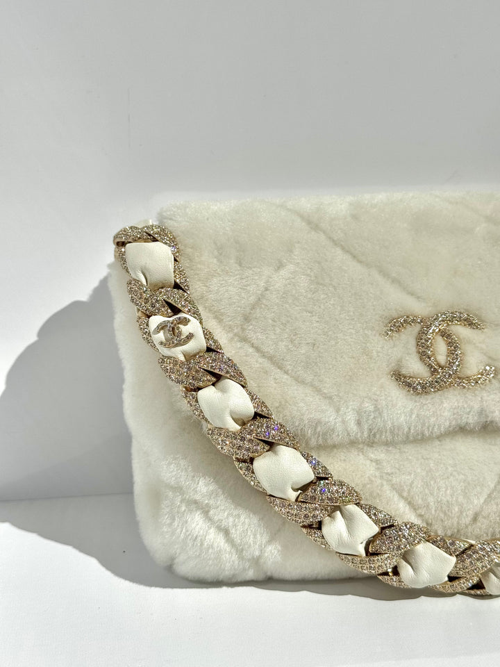 Chanel Shearling & Strass Flap Bag White Shearling with Gold Hardware 2020
