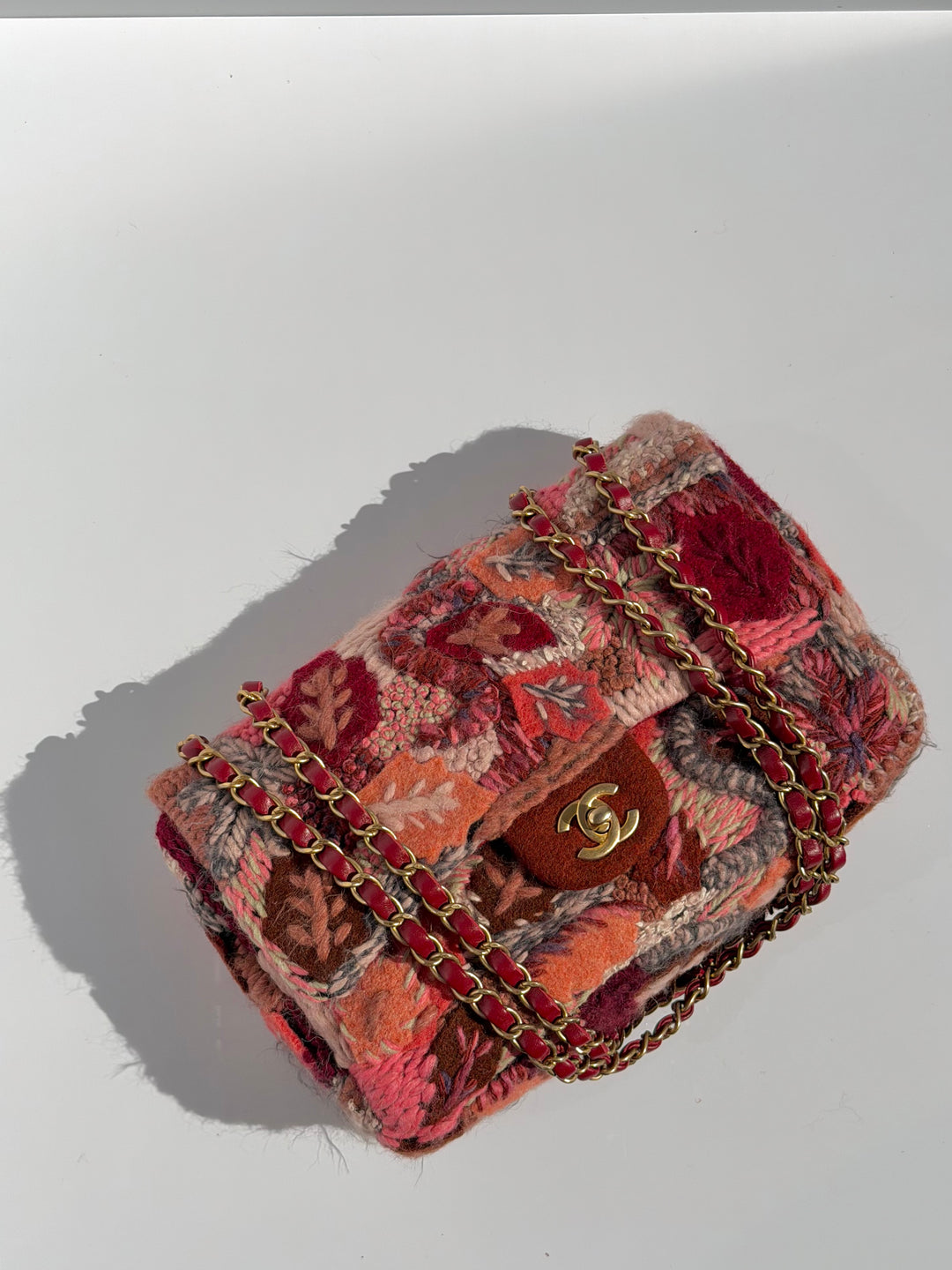 Chanel Embroidered Wool Medium Flap Bag Red Multicolor Gold Hardware 2018