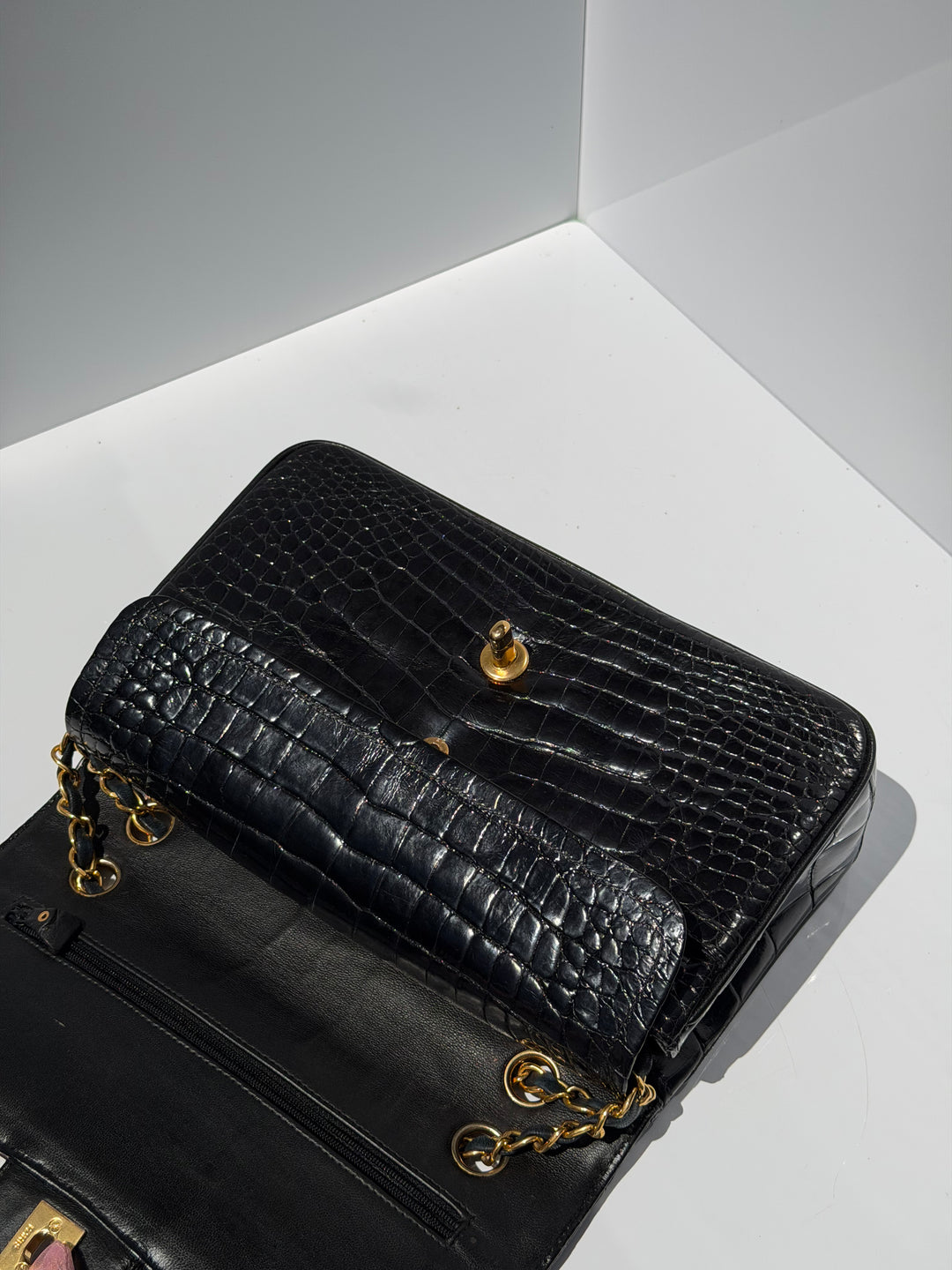 Chanel Medium Classic Flap Bag Alligator Black 24K Plated Gold Hardware 1997