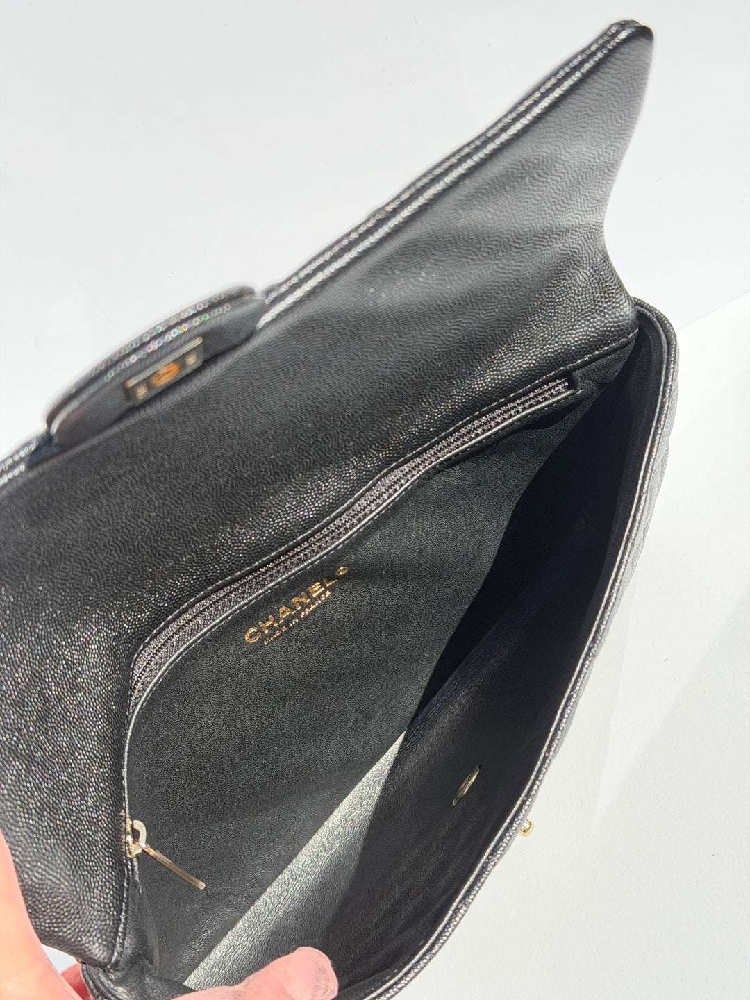 Chanel 18B Black Classic Quilted Caviar Clutch