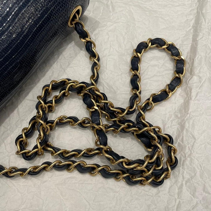 Chanel Navy Blue Lizard Mini Flap Brushed Gold Hardware 2018