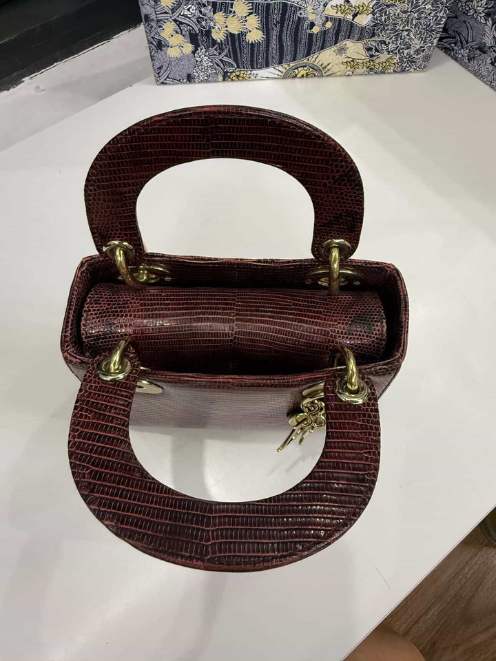 Christian Dior Lady Dior Mini Top Handle Lizard Burgundy Gold Hardware