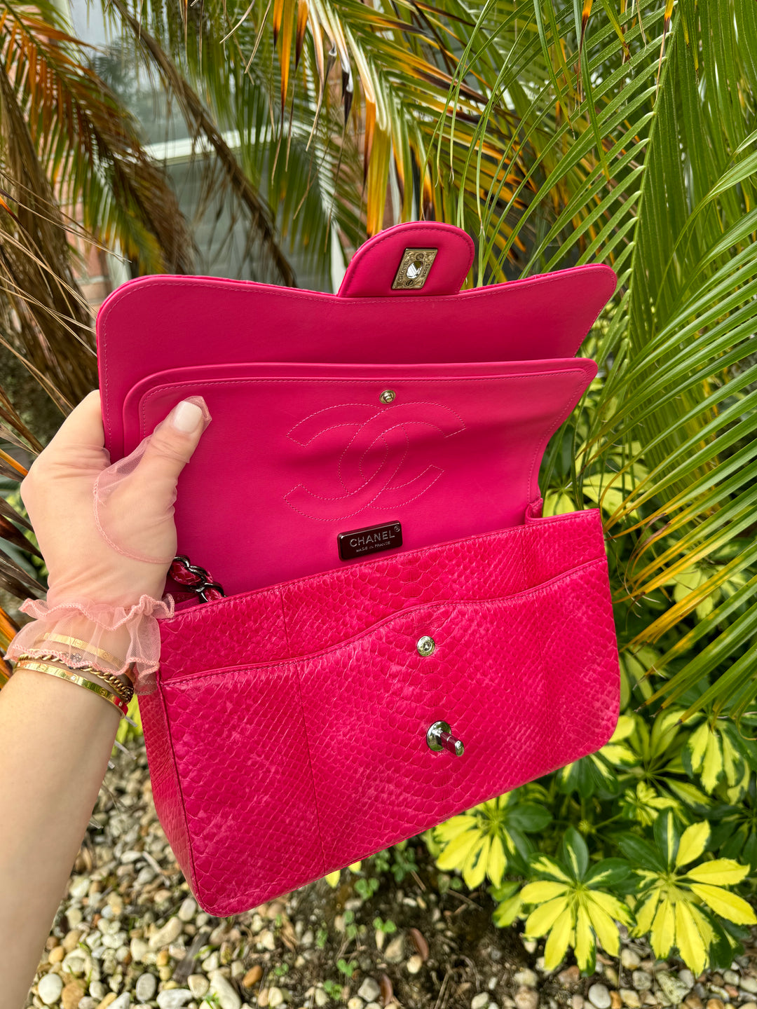 Chanel Fuschia Python Jumbo Double Flap
