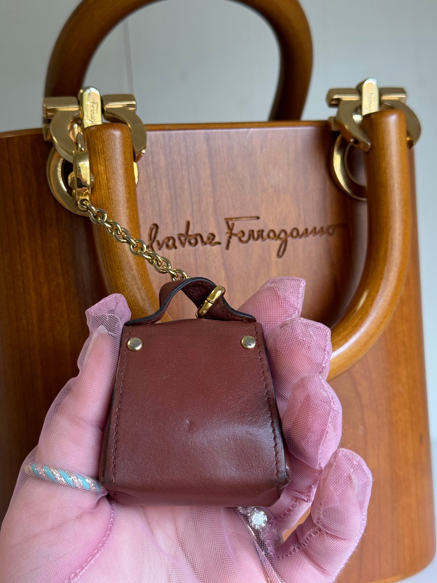 Salvatore Ferragamo Vintage Gancini Wooden Bucket Bag + Coin Pouch