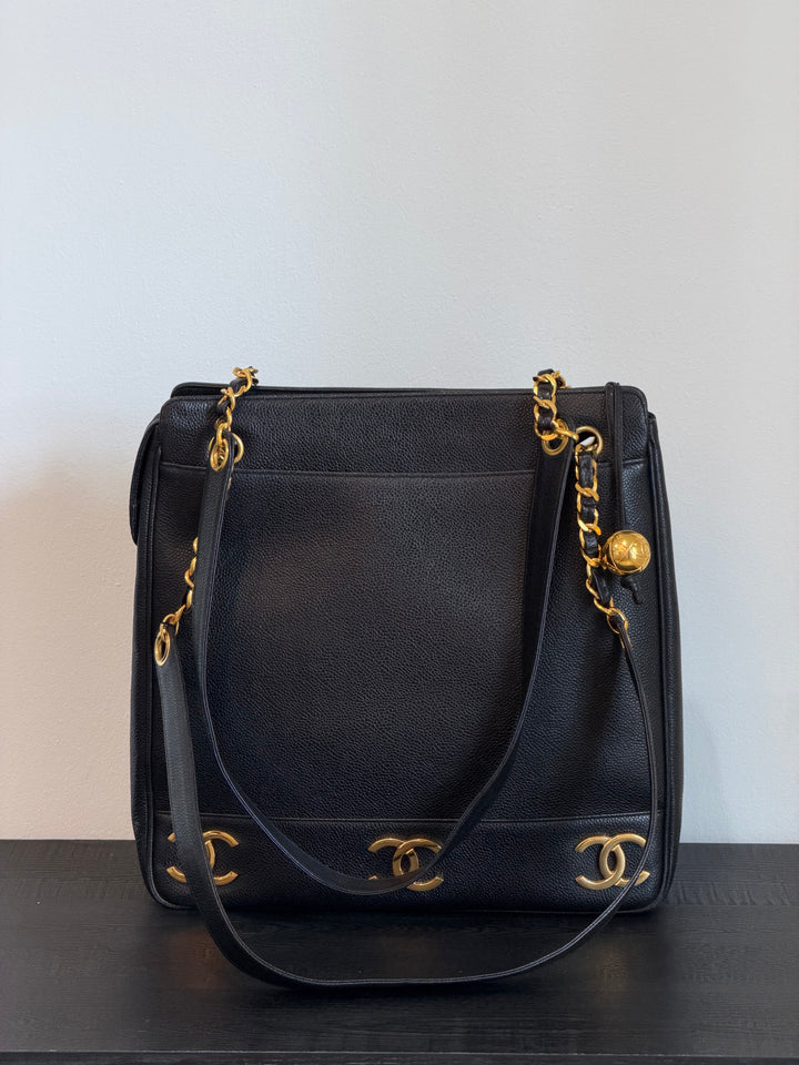Chanel Black Caviar Triple Coco CC Tote Bag 24K Gold Plated Hardware 1994