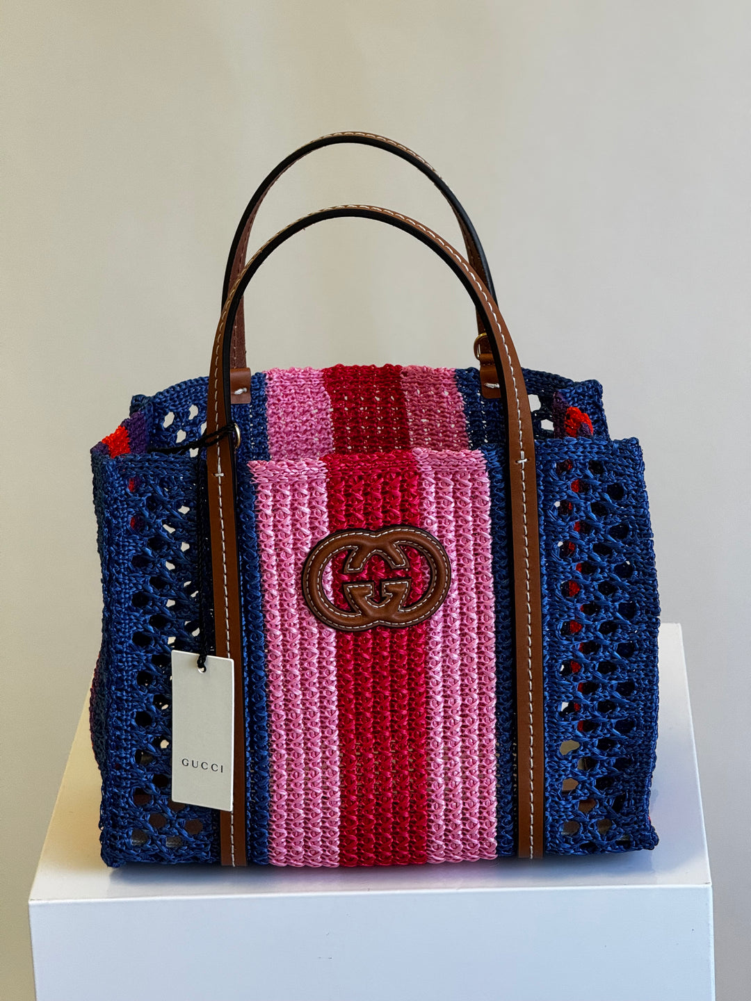 Gucci Interlocking Multicolor Raffia Tote Bag
