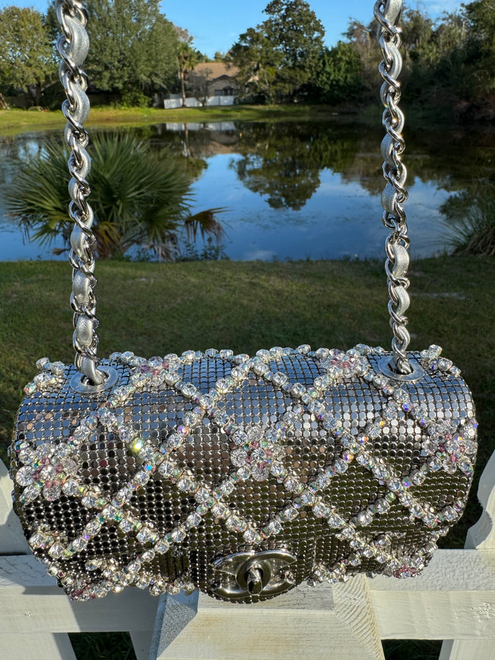 Chanel Silver Crystal Embellished Mini Flap