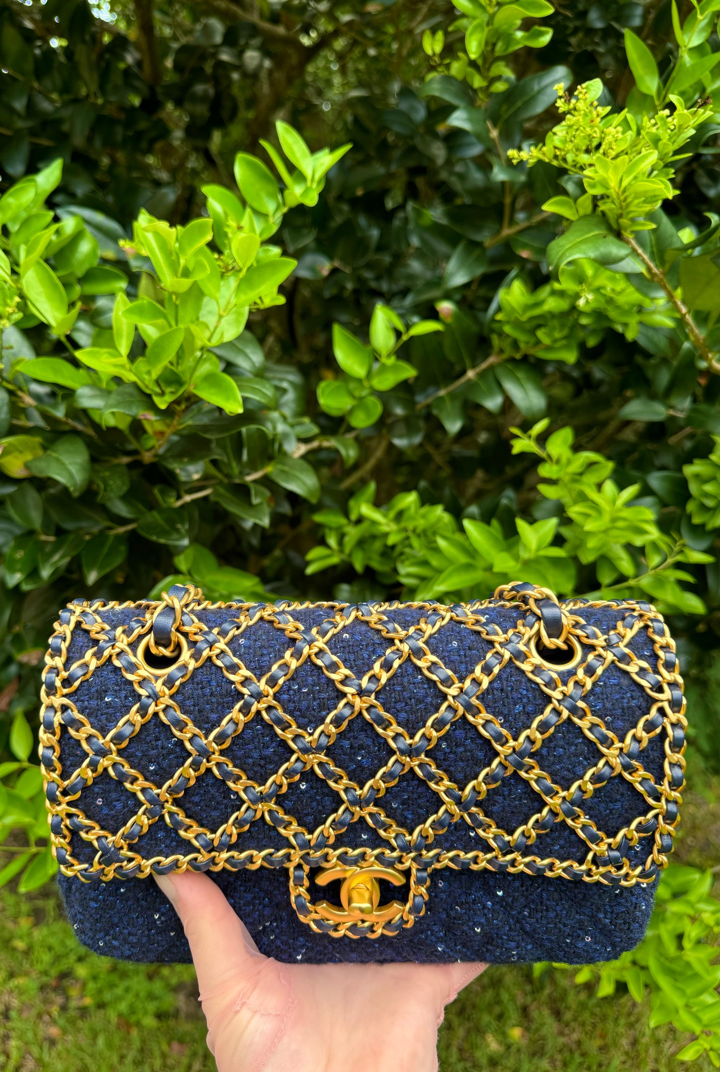 Chanel 2020 Small Woven Chain Blue Tweed Classic Flap