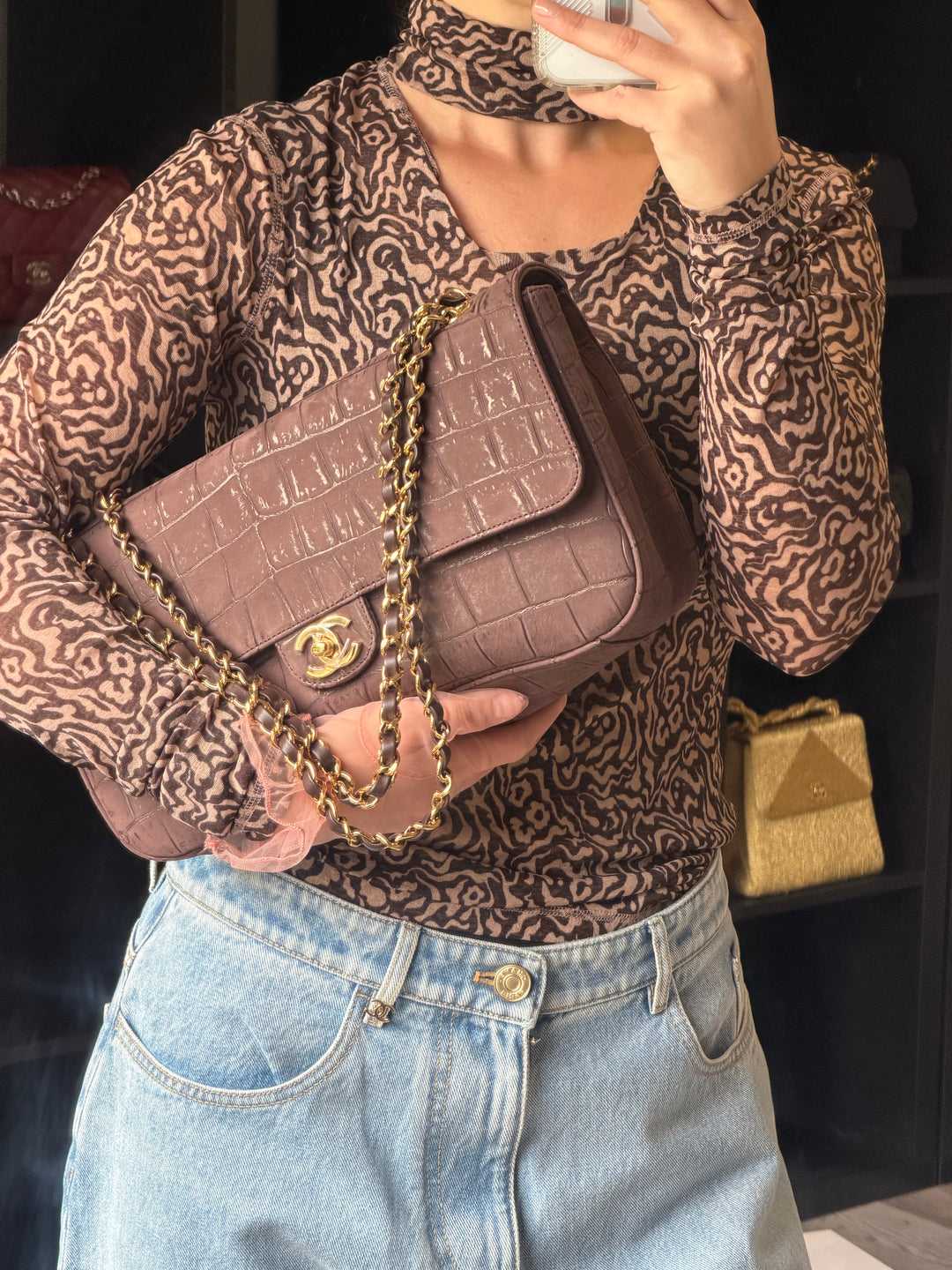 Chanel Maxi Flap Bag Brown Croc-Embossed Suede Calfskin Gold Tone Hardware 2026