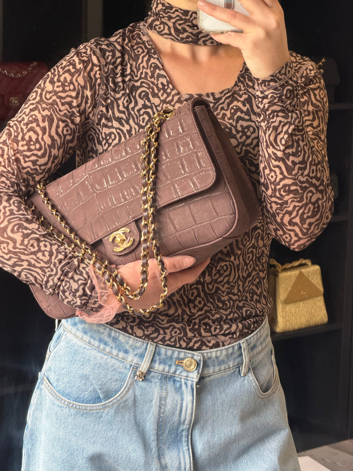 Chanel Maxi Flap Bag Brown Croc-Embossed Suede Calfskin Gold Tone Hardware 2026