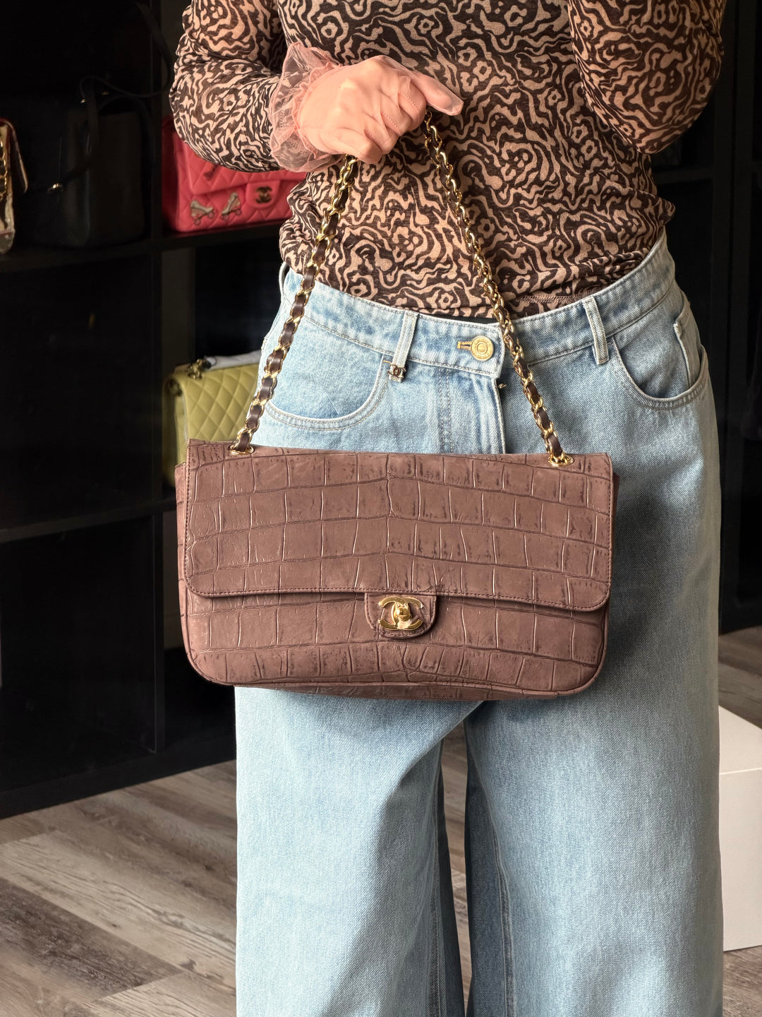 Chanel Maxi Flap Bag Brown Croc-Embossed Suede Calfskin Gold Tone Hardware 2026