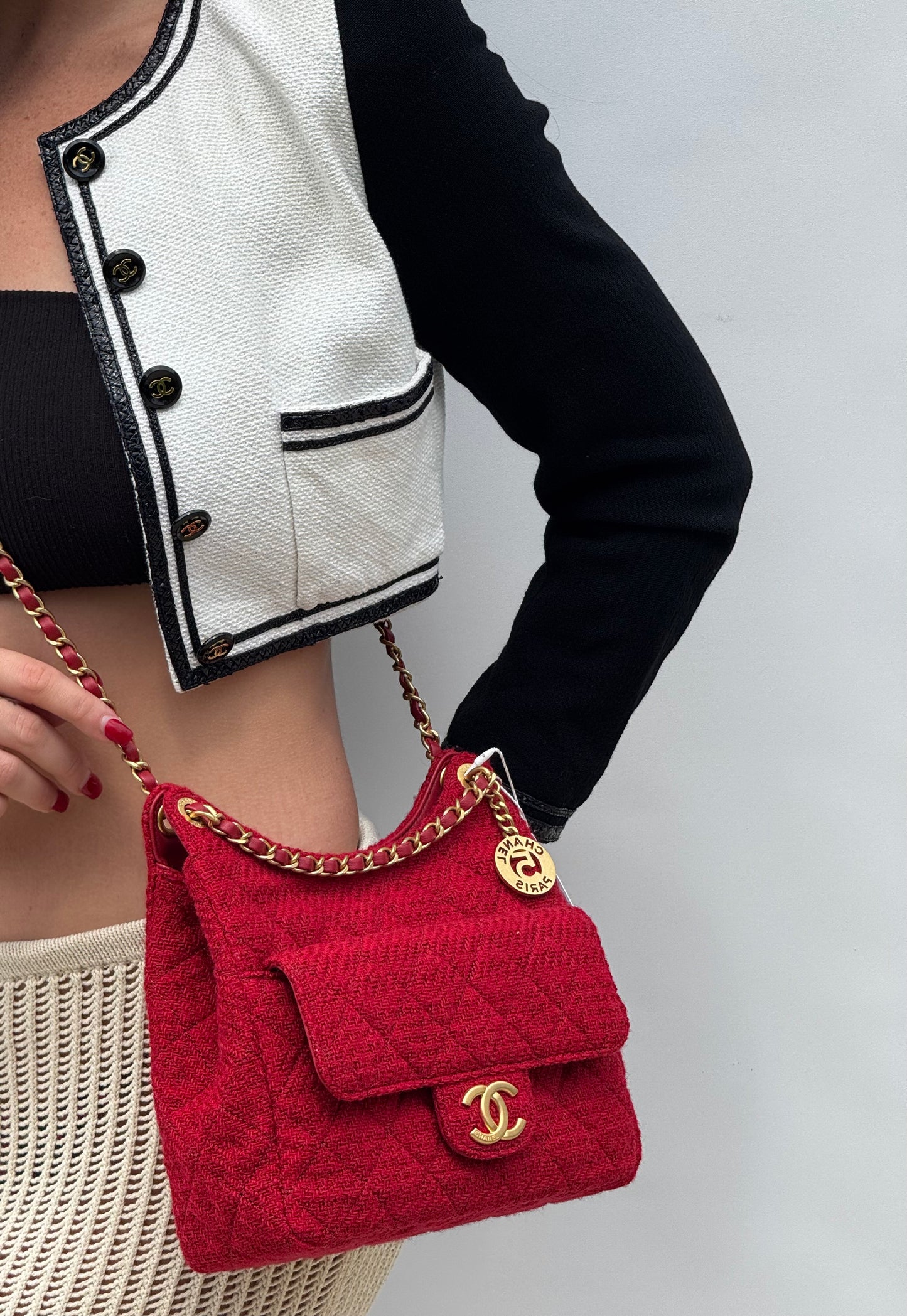 Chanel Small Red Wool Tweed Hobo