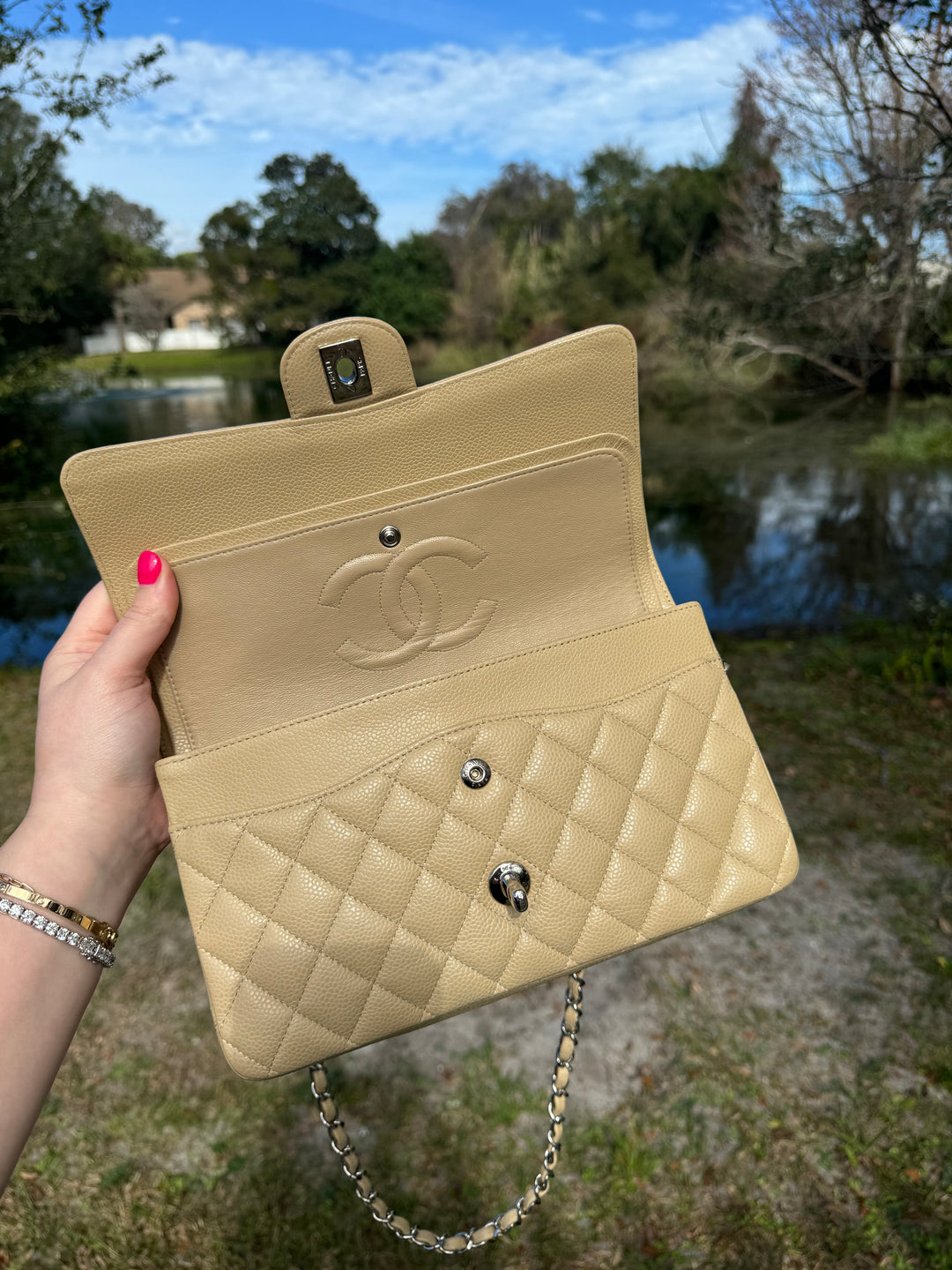 Chanel 2003 Beige Medium Caviar Classic Flap