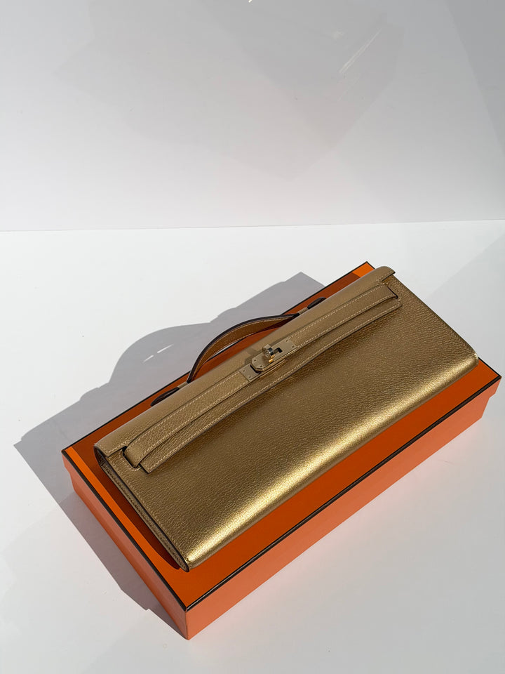 Hermes Kelly Cut Gold Metallic Chevre Dore