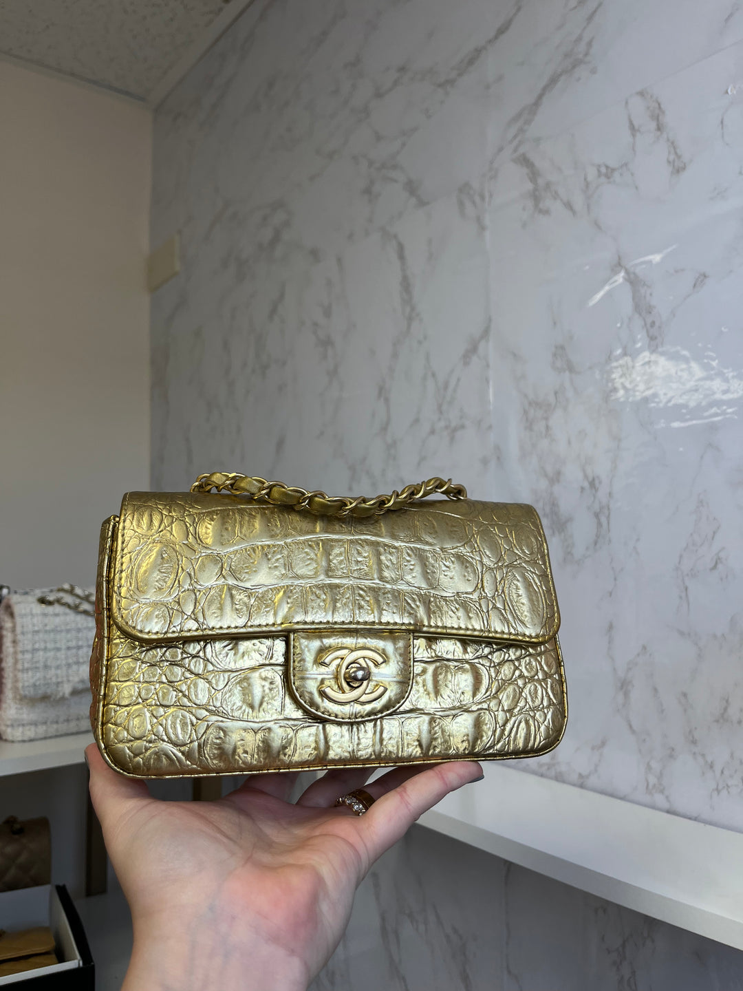 Chanel Gold Croc Embossed Mini Rectangular Flap Bag