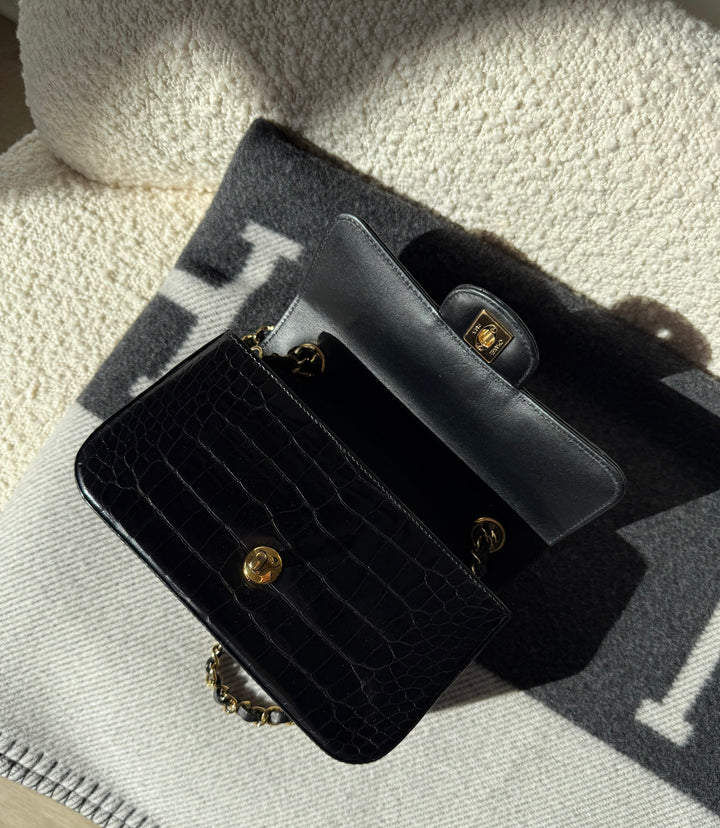 Chanel Mini Classic Flap Alligator Black Gold Hardware 2018