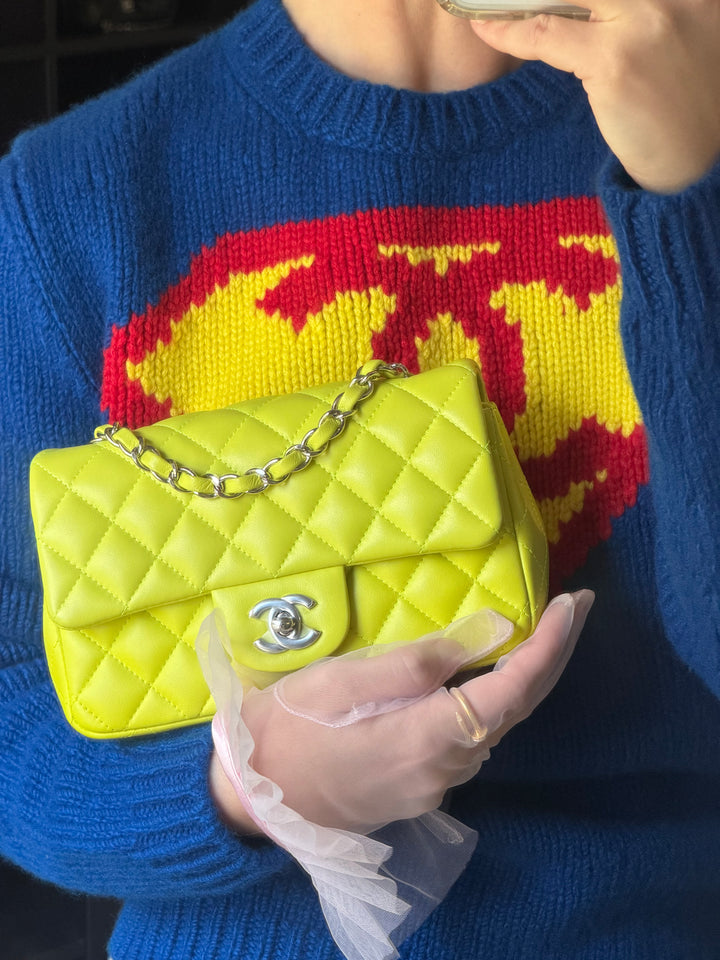 Chanel 21S Mini Classic Flap Lambskin Yellow Silver Hardware