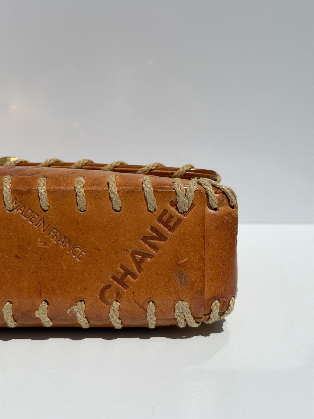 Chanel Half Flap Bag Tan Debossed Logo Calfskin Whipstitched Gold Hardware 1994