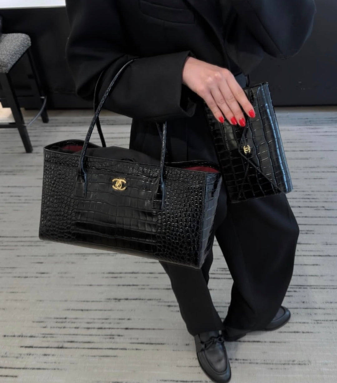 Chanel Small Shopping Bag Crocodile Embossed Calfskin Black 2026