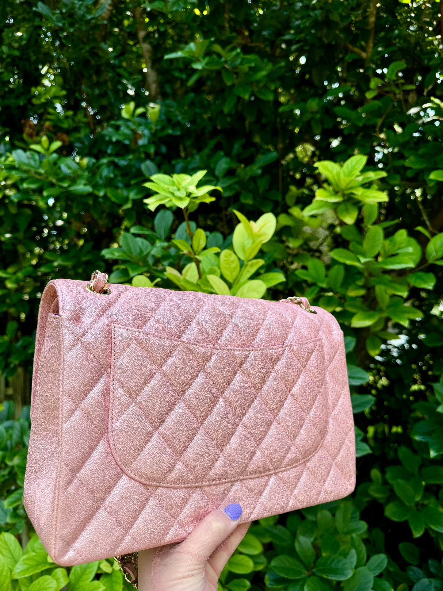 Chanel 19S Pink Iridescent Jumbo Caviar Double Flap Bag