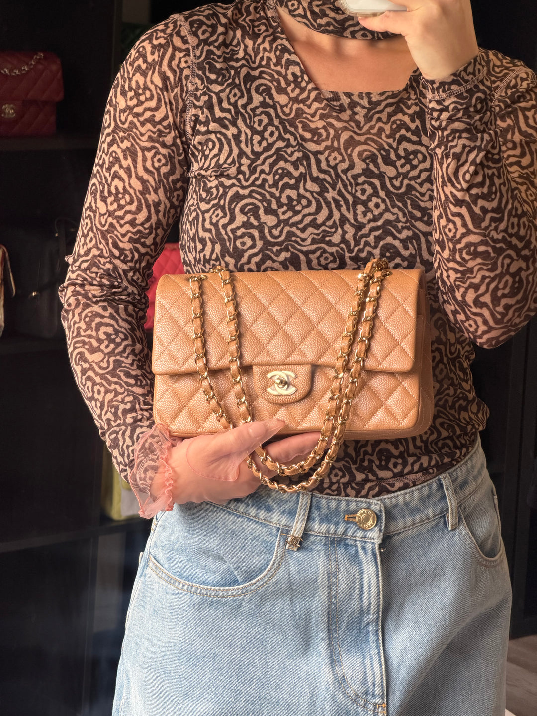 Chanel Medium Classic Flap Bag Dark Beige Caviar Gold Tone Hardware 2018