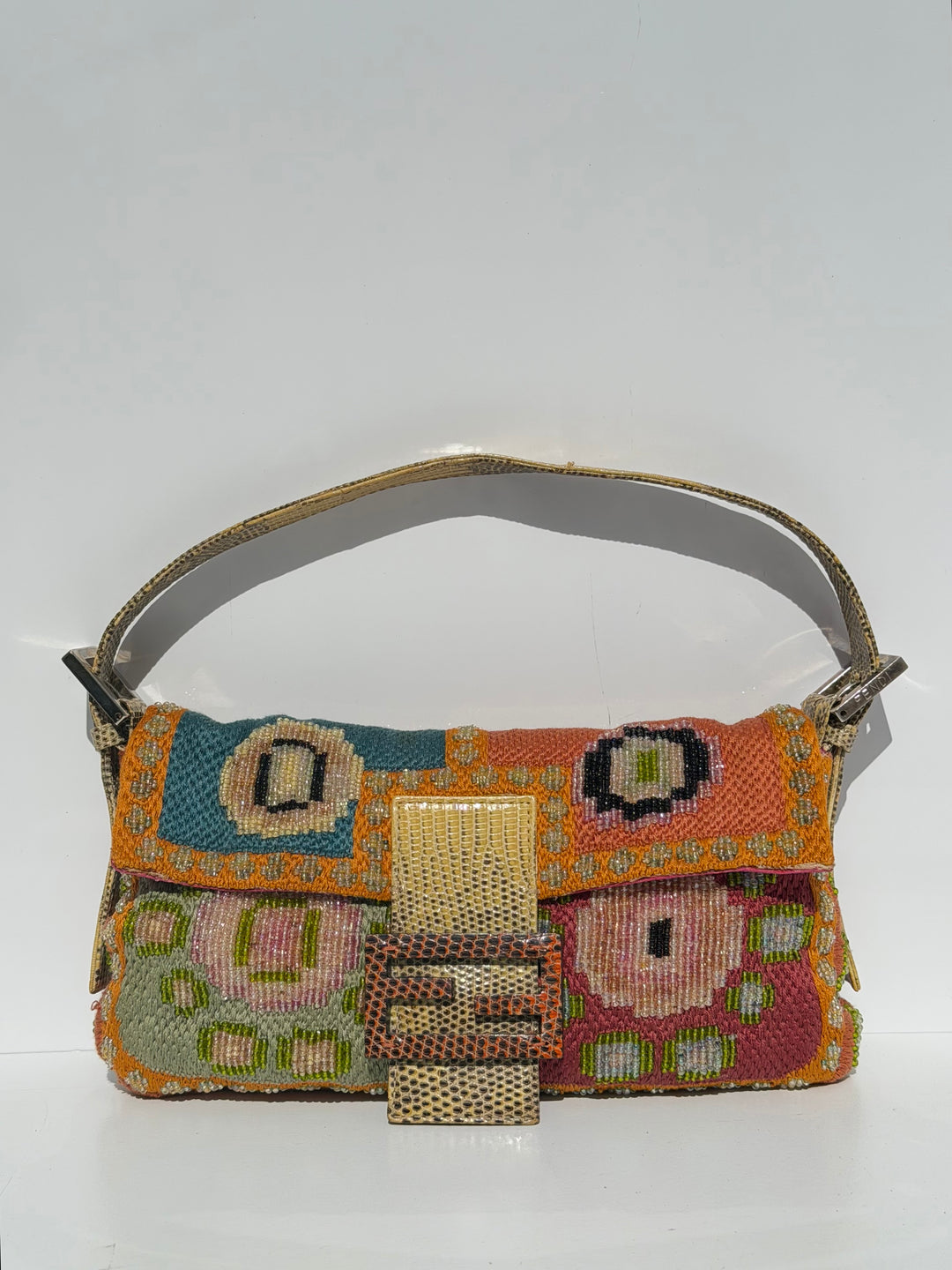 Fendi Multicolor Orange Beaded Baguette Lizard Trim Silver Hardware