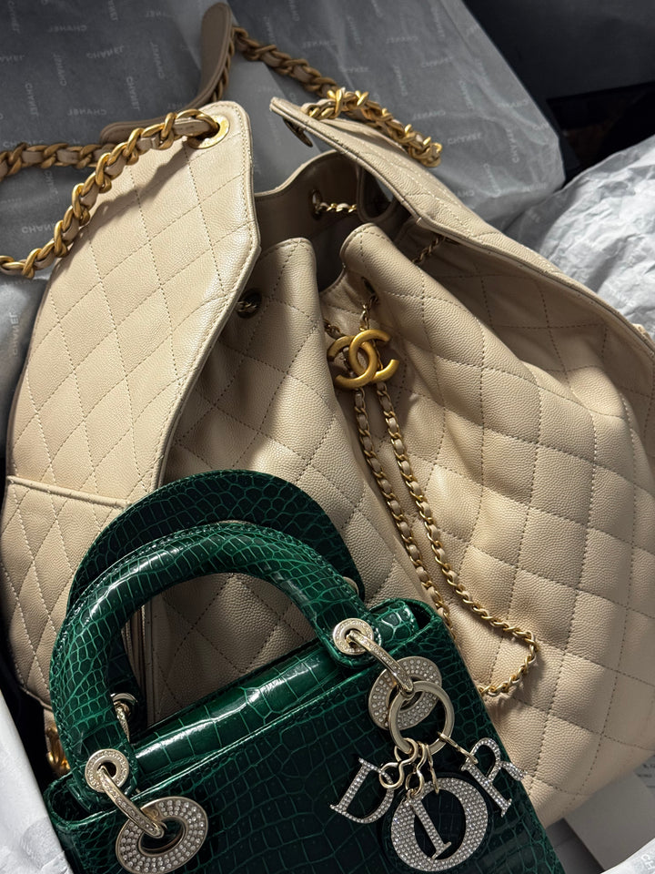 Chanel 25 Light Beige Medium Caviar Hobo Bag