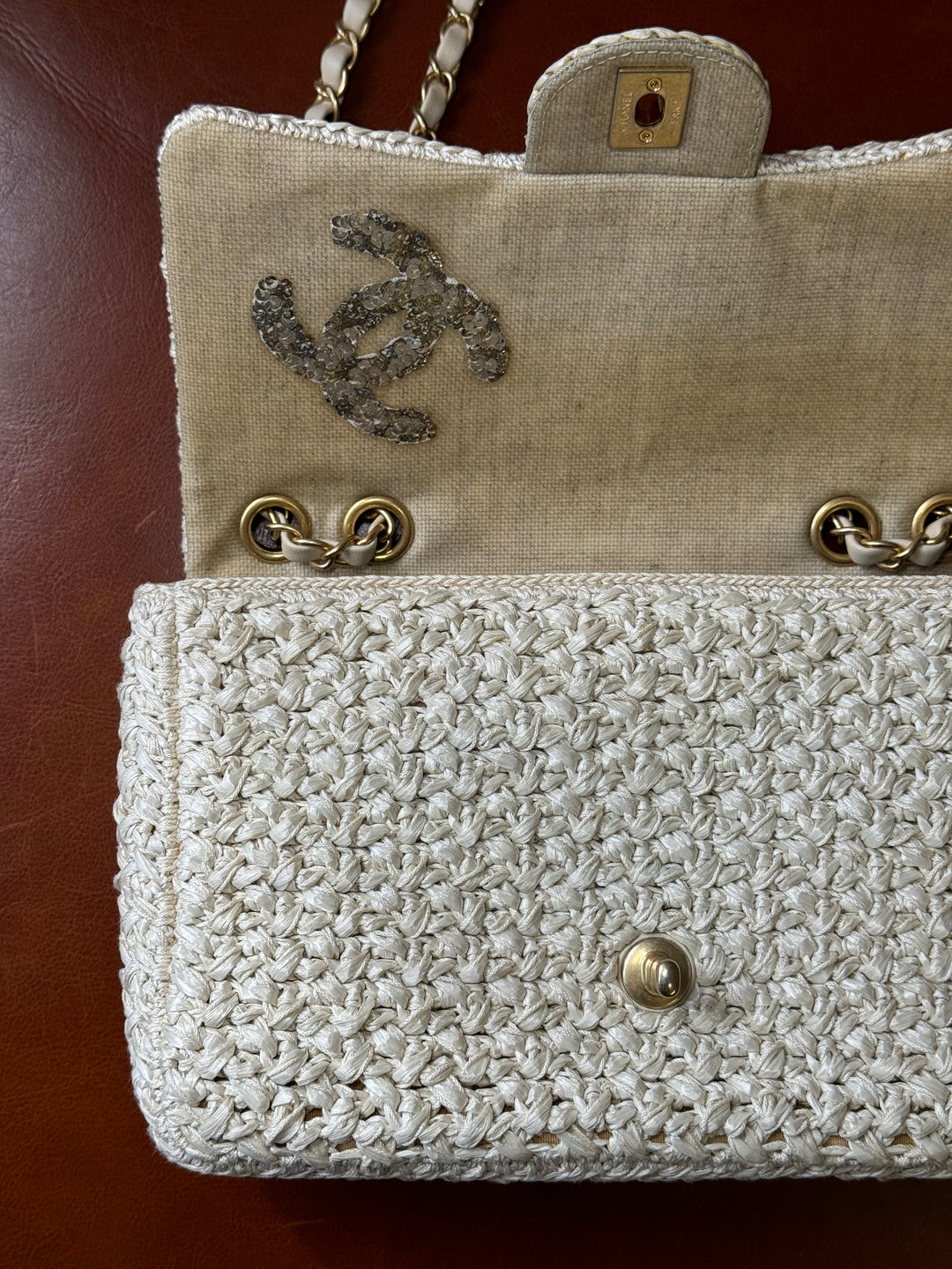 Chanel Raffia Crochet Flap Tan Matte Gold Hardware 18C